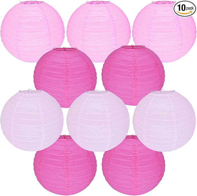 10Pcs 16 Inch Round Paper Lanterns for Home Decor, Restaurant, Church, Wedding, Birthday Party Decorations, Hanging Chinese Japanese Paper Lantern Lamps (Pink Series)