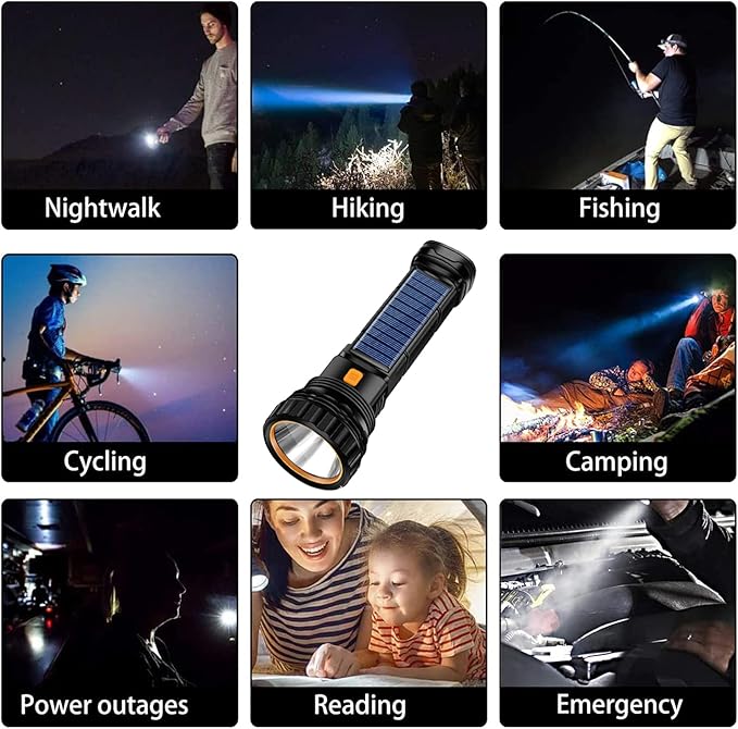 Solar/Rechargeable Multi Function 1000 Lumens LED Flashlight, with Emergency Strobe Light and 1200 Mah Battery, Emergency Power Supply and USB Charging Cable, Fast Charging (1PC)
