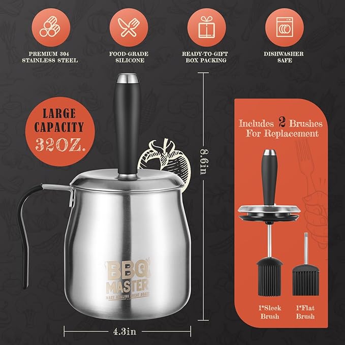 32 OUNCE BBQ Basting Pot with 2 Replaceable Brushes，Grilling Gifts for Men&Dad，Stainless Steel 304 Barbecue Sauce Pot Brush Set，Airtight Melting Pot Sauce Container，Birthday Gifts for HIm Dad Husband
