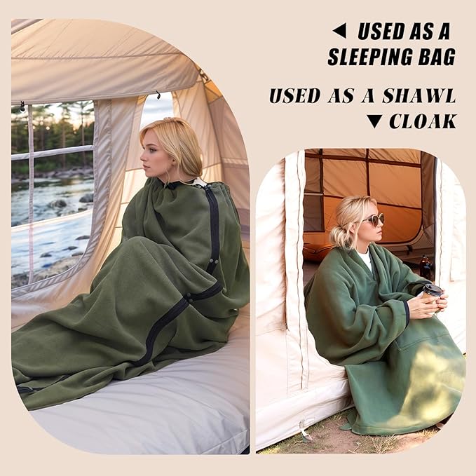 Outdoor Camping Blanket, Poncho Wearable Pocket Blankets, 74.5 in * 63 in, Warm, Comfy, Durable & Portable, Machine Washable, for Stadium, Concerts, Car Travel, Sports, Hiking, Sofa. (Green)