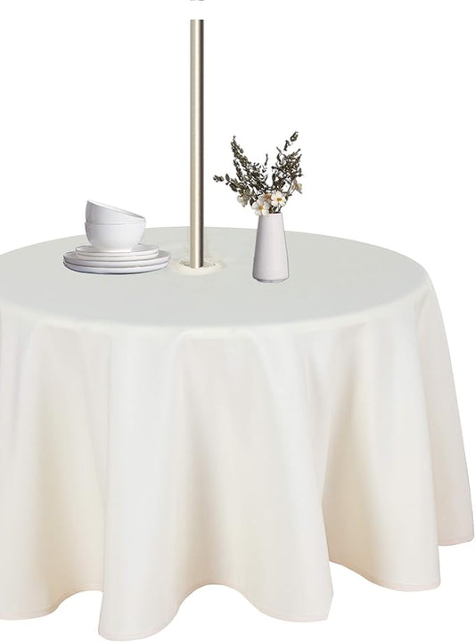LUSHVIDA Round Outdoor Tablecloth with Umbrella Hole and Zipper, 60 Inch Beige, Washable Waterproof Table Cloth Spill Proof Wrinkle Free Table Cover for Patio Spring Summer Picnic BBQS