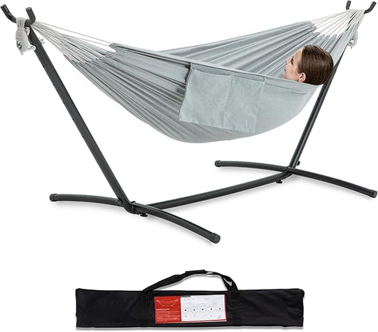 PNAEUT Double Hammocks with Stand for Outside, Portable Space Saving Heavy-Duty Steel Stand for Indoor Outdoor Patio with Carrying Bag, 450 lbs Capacity (Gray)