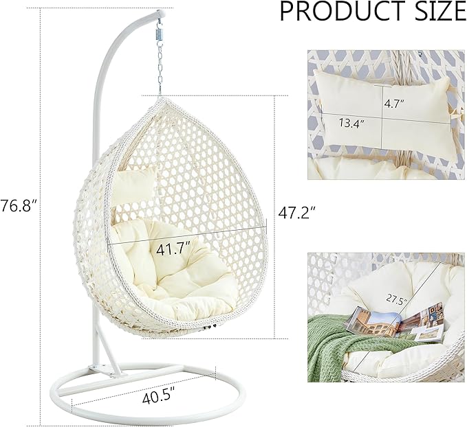 JUFU Egg Swing Chair with Stand,Hanging Egg Chair with Cushions and Pillow,Heavy Duty Lounge White Basket Chair,Indoor Outdoor Patio Porch Lounge Hammock Chair for Patio Balcony Backyard,Bedrooms