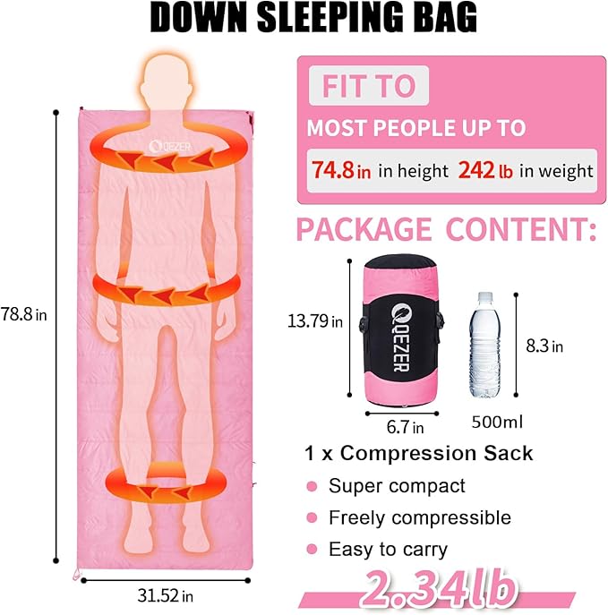 Down Sleeping Bag for Adults, Ultralight Wearable Sleeping Bag for Backpacking, Can Be Used as a Blanket or Mat