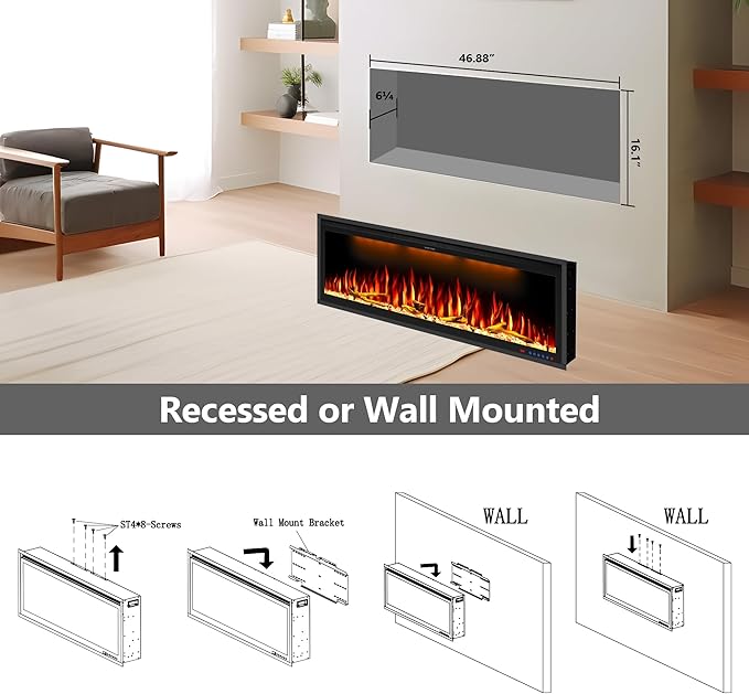 Benrocks 48'' WiFi- Enabled Electric Fireplace Inserts - Alexa & App Control, Slim Recessed & Wall Mounted, 13 * 13 * 3 Flame Color Combinations, 750W/1500W, Black