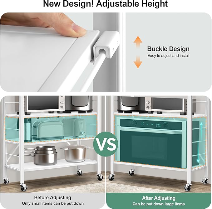 Himix 5 Tier Foldable Storage Shelves, Expandable Folding Pantry Shelf with Wheels, Changeable into 2 Shelf Units, Collapsible Storage Rack Metal Shelves for Kitchen, Room, Garage, White