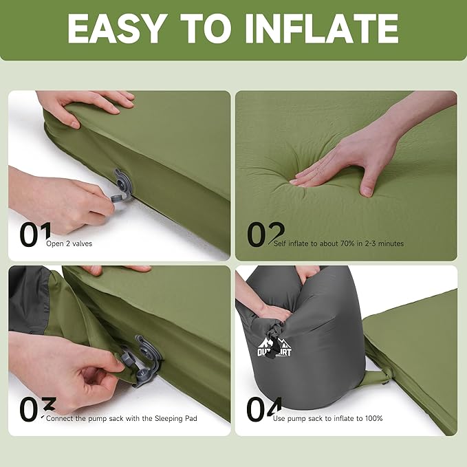 OUTSKIRT Camping Mattress, Self Inflating Sleeping Pad with Pump Sack, Foam Camping Pad for Sleeping, 4” Thickness Sleeping Mat for Camp/Travel/Car, 4 Season Camp Air Mattress