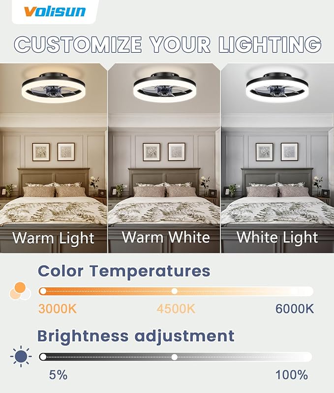 VOLISUN 13 inch Small Ceiling Fans with Lights and Remote, Low Profile Ceiling Fans with Light, 3000K-6500K Dimmable LED Ceiling Light Flush Mount, Bladeless Fandelier Ceiling Fan (Black)