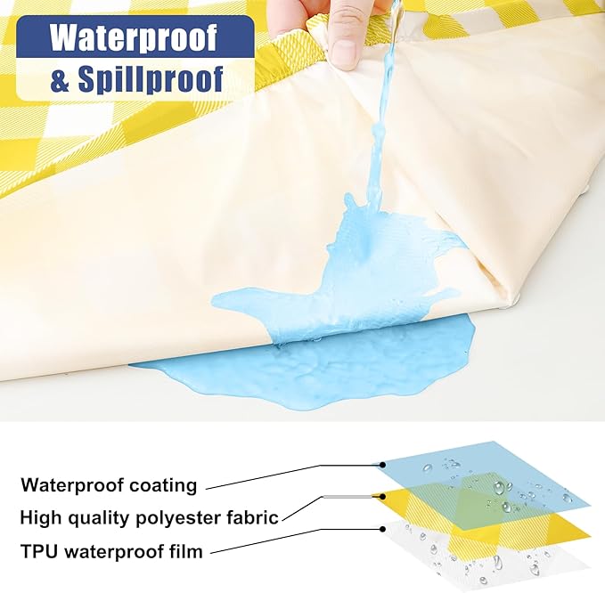 Smiry Picnic Table Cover with Bench Covers, Waterproof Elastic Fitted Tablecloths for 6 Foot Rectangle Tables, Washable Buffalo Plaid Tablecloth for Camping, Outdoor (Yellow & White, 30"x72")