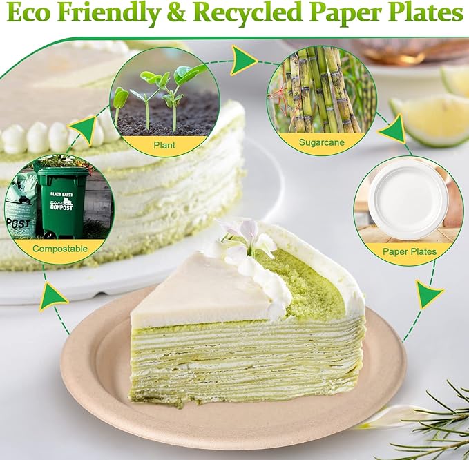 300 Pack Small Compostable Paper Plates, 6 inch, Dessert, Brown