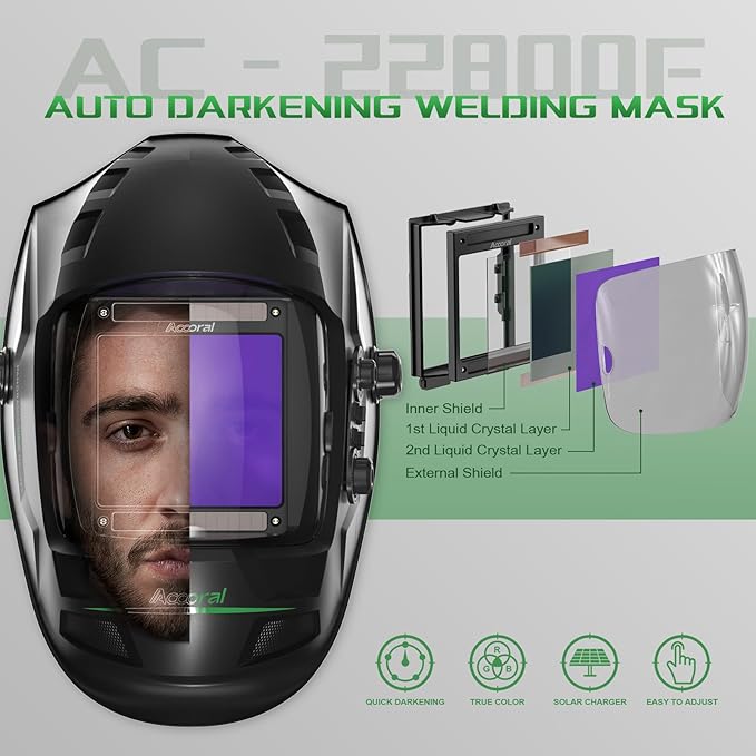 3.94" x 3.66" Large Viewing Hemispherical lense Welding Helmet，1/1/1/1 True Color Auto Darkening Welding Hood Mask，4 Arc Sensor Wide Shade for TIG MIG ARC Plasma Cut,Grinding