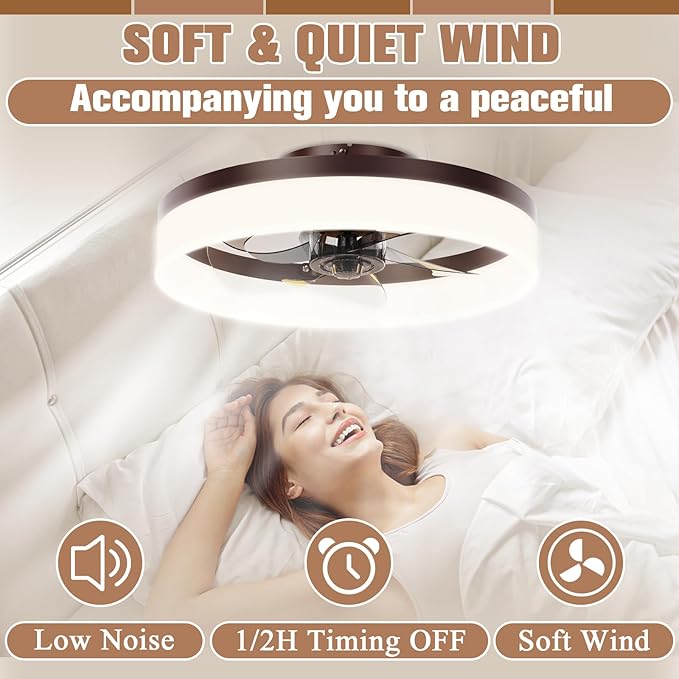 VOLISUN Low Profile Ceiling Fans with Lights and Remote,15.7in Modern Ceiling Fan Flush Mount, 3000K-6500K Dimmable Bladeless LED Fan Light,Brown Fandelier Ceiling Fans with Lights for Bedroom