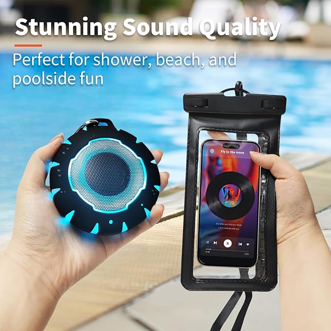 HEYSONG Bluetooth Shower Speaker + Waterproof Phone Pouch – Rugged & Ready for Any Wet Adventure