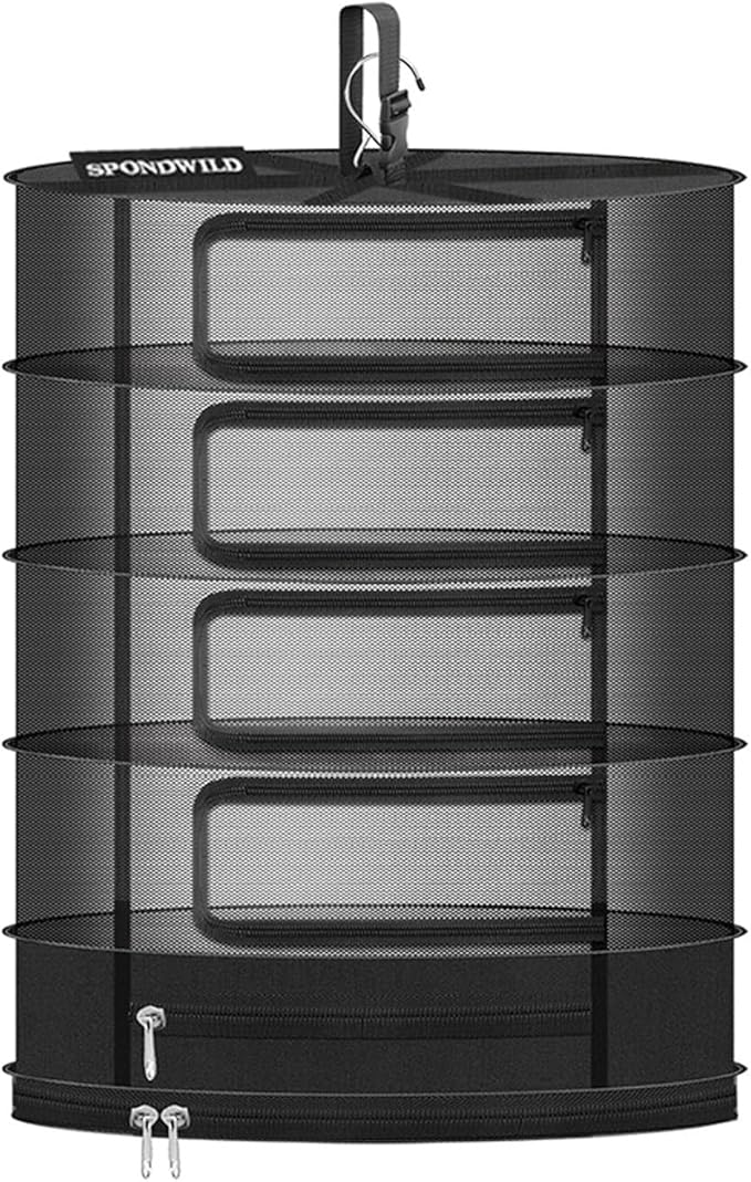 Herb Drying Rack Hanging Mesh Net，Medium 4+1 Layer Plant Drying Rack with Door-Type Zipper & Closed Storage Compartment for Folding Basket Dryer Fit in Grow Tents、Garden Outdoor