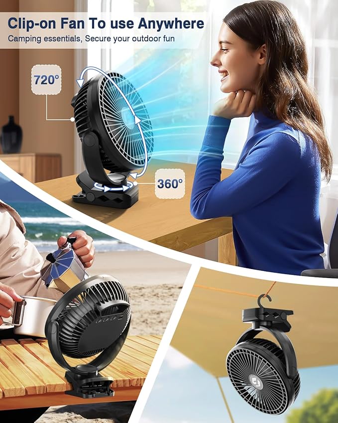 FRIZCOL 24000mAh 8 Inch Portable Clip On Fan,Battery Operated Golf Cart Fan with Lights and Remote, USB Fans Small Desk Fans Personal Quiet Fans for Office Stroller Bedroom and Camping