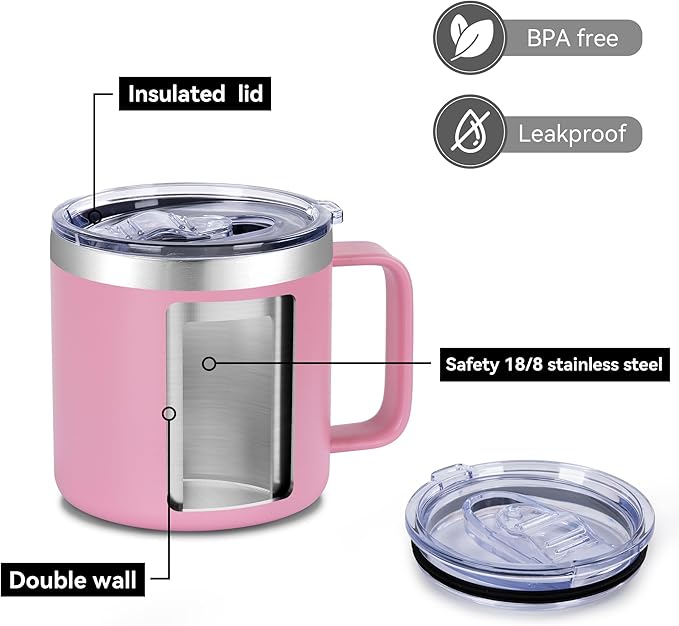 VEGOND 14 oz Insulated Coffee Mug Bulk with Handle, Stainless Steel Travel Coffee Mug with Lid, Double Wall Vacuum Metal Coffee Cup, Coffee Tumbler Powder Coated, Pink 8 Pack