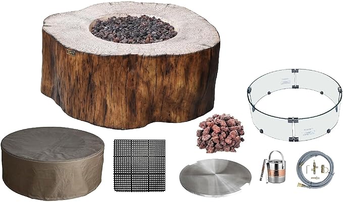 Elementi | Bundle Manchester Gas Fire Pit Cast Concrete Semi-Round Fire Table, Outdoor Fire Pit Electronic Ignition | Canvas Cover, Lava Rock Included | Red Wood | Natural Gas