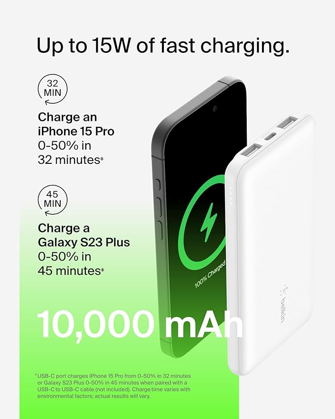 Belkin Portable Charger, USB-C Power Bank 10000 mAh w/ 1xUSB-C Port & 2xUSB-A Ports, 15W w/Type-C to Type-A Cable for iPhone 17, Samsung Galaxy S25, Nintendo Switch 2, Google Pixel 10, etc. - White