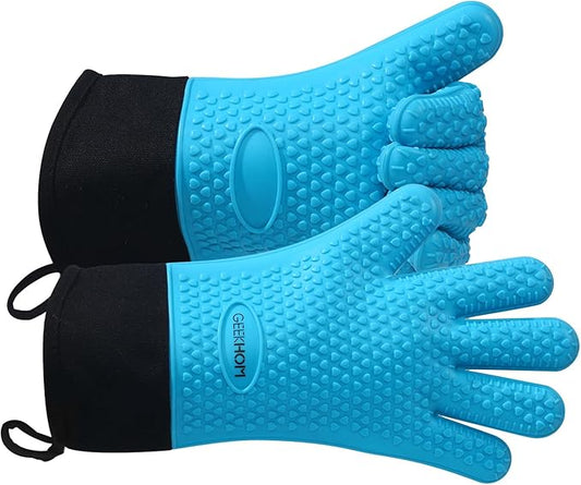 GEEKHOM BBQ Gloves, Grilling Gloves Heat Resistant Oven Gloves, Kitchen Silicone Oven Mitts, Long Waterproof Non-Slip Pot Holder for Barbecue, Cooking, Baking, Aqua Blue