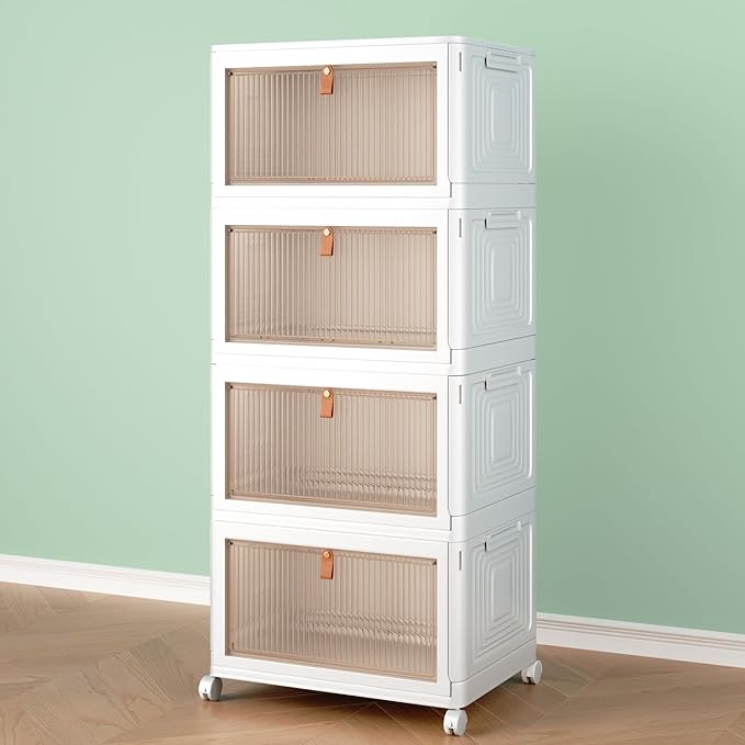 4 Tier Storage Bins with Lids, 23QT Stackable Closet Organizers and Storage with Wheels, Collapsible Storage Boxes, Foldable Plastic Storage Containers for Home,Office, Dorm Room-White