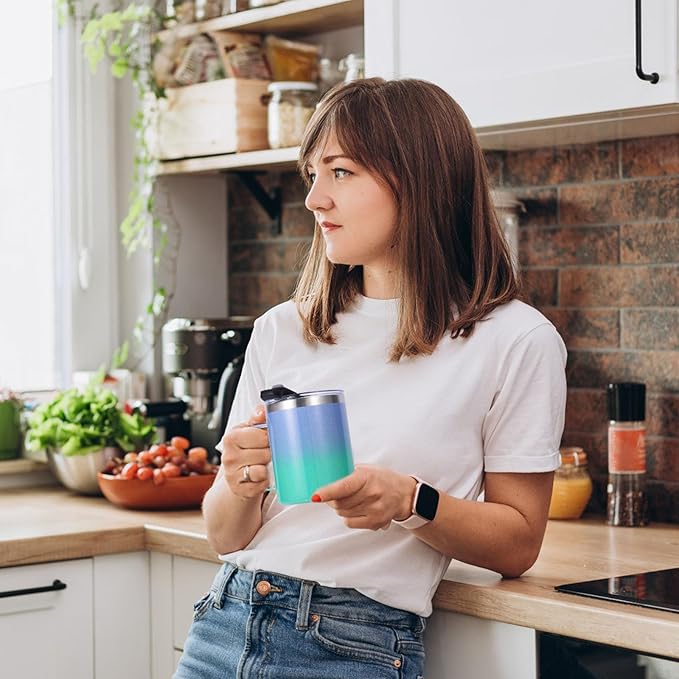 Volhoply 12oz Insulated Leakproof Coffee Mug with Flip & Straw Lid Bulk 8 Pack,Double Wall Vacuum Stainless Steel Travel Tumbler Cup with Handle,Reusable Camping Mugs Keep Cold(Assort color,8 Set)