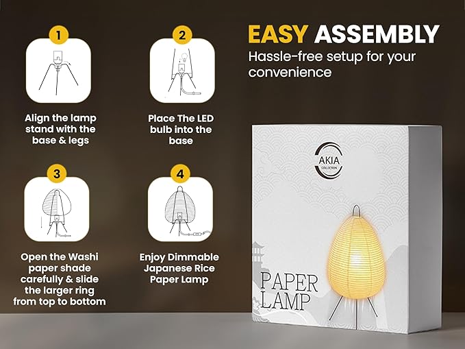 Noguchi Akari Rice Paper Lantern Lamp ??Dimmable Japanese Table Lamp with Washi Paper Shade, Bulb Included ??Japandi Bedside, Desk Light