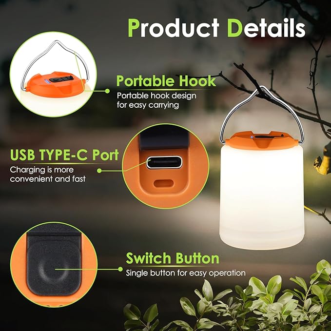 LED Camping Lantern, Rechargeable Camping Light, 4 Modes Outdoor Flashlights Lanterns with 1000LM, Water Resistant Portable Emergency Camp Light for Hurricane Hiking Survival Kits - Orange
