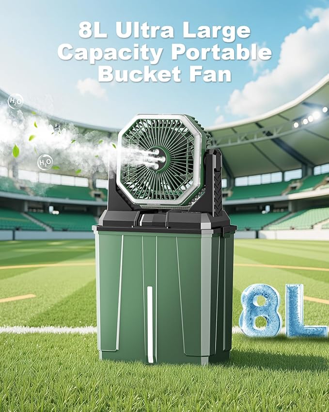 Portable Misting Fan, Rechargeable Outdoor Cooler, Battery Operated Personal Fan with3 Speeds & 8L Bucket for Patio, Camping,Hiking, Backyard, Travel, Desk,Pool, Beach, Green