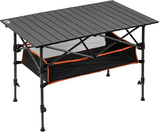 Night Cat Camping Table with Storage Basket Foldable Picnic Table for Outdoor Indoor Lightweight Rustless Adjustable Height 1.7-3ft BBQ Garden Backyard 75KG 37x22in