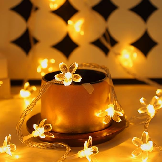 Decorative Flower String Lights for Bedroom, Battery Operated & USB Plug in 10 FT 30 LED Cute Fairy Cherry Blossom Floral Lamps Indoor Outdoor Christmas Holiday Hanging Vine Decorations (Warm White)