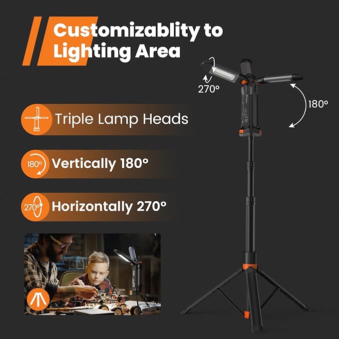 gogonova 2025 Rechargeable Work Light with Stand, 4 in 1 Cordless Camping Light, 700/1200/2200 Lumens, 4000/6500K Dimmable LED Work Lamp with Detachable Tripod（Grey）