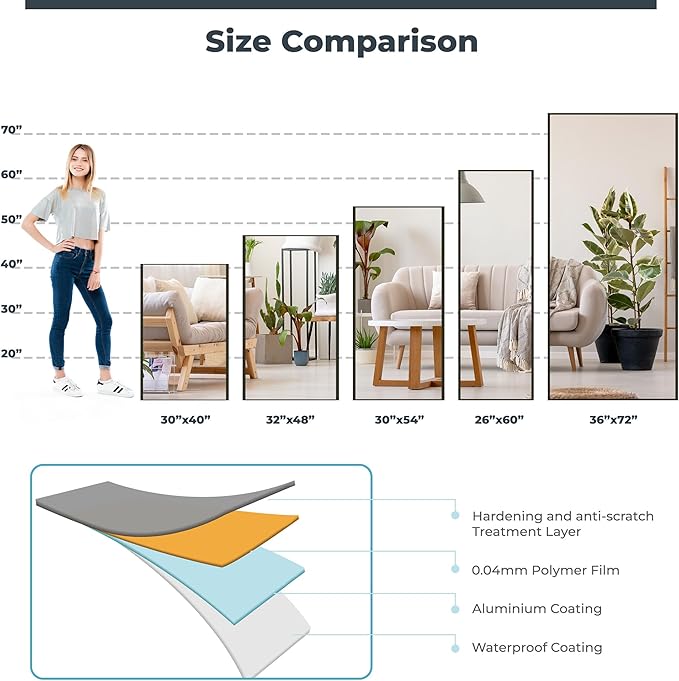 Unbreakable Glassless Mirror Ultra Light Shatterproof Wall Mounted Large Mirror for Dance Studio and Bedroom,0.04mm Nano Film, 30" x 40" Gold