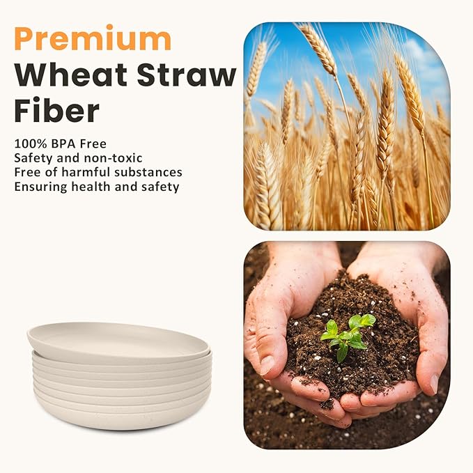 Homienly Wheat Straw Plates 8 PCS Unbreakable Dinner Plates - 10 inch Dishwasher & Microwave Safe Plastic Plates Reusable Lightweight Roud Plates, Plates for Kitchen, Dinner, Outdoor,Picnic (Beige)
