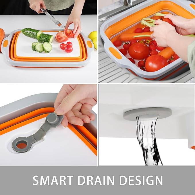 Collapsible Cutting Board with Container, Foldable Camping Sink with Colander, BBQ Prep Tub with Lid, Multifunction Dish Basin for Kitchen, Bowl, Vegetable and Fruit, 2.11 Gal/8L Storage Basket