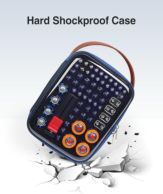 Luxtude Battery Organizer Storage Case with Tester, Clear Batteries Storage Organizers Holds, Hard Battery Holder Organizers, Portable Batteries Case Organizer, Drawer Caddy (Blue)