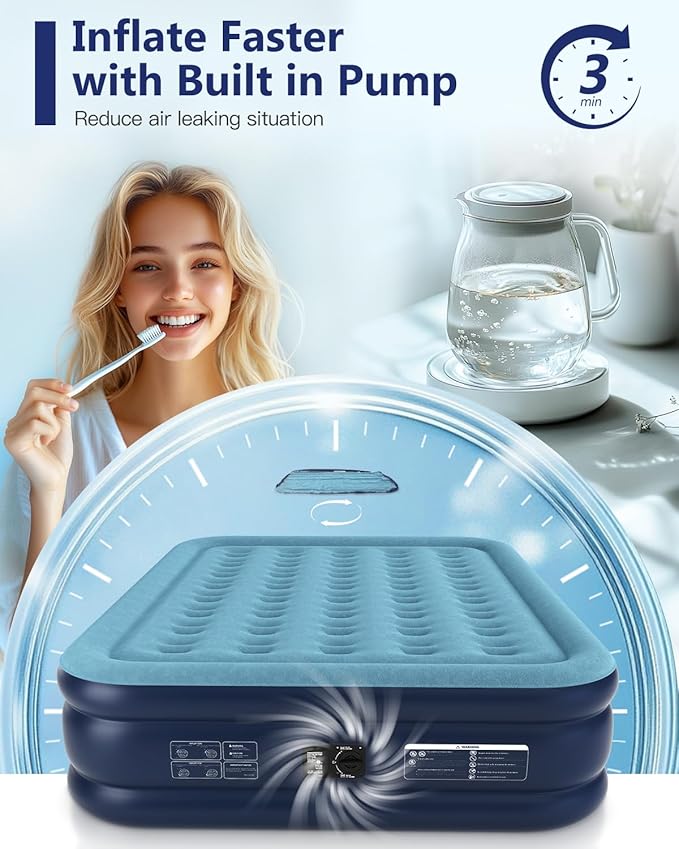 Queen Air Mattress with Built in Pump 16" Blow Up Mattress Raised Air Bed, 3 Mins Quick Self Inflatable with Storage Bag for Guest and Home