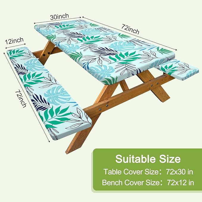 Picnic Table Cover with Bench Covers Camping Tablecloth with Storage Bag Windproof Waterproof Picnic Table Covers with Elastic for Camping