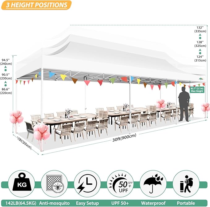 COBIZI 10x30 Canopy Tent with 8 Sidewalls,Heavy Duty Pop up Canopy Party Tent with Mosquito Netting,Easy up Screen Canopy for Parties Wedding Outdoor Patio with Roller Bag,Sandbag,White