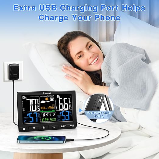 Geevon Weather Stations Wireless Indoor Outdoor with Atomic Clock, Color VA Display Digital Temperature Humidity Monitor with Barometer, Comfort Indicator, and Adjustable Backlight