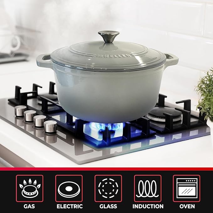 MÜELLERHOME 7.5 QT Enameled Cast Iron Dutch Oven, Heavy-Duty, Oven-Safe up to 500° F & Across All Cooktops, Casserole Dish and Braiser Pan with Lid and Stainless Knob, Grey