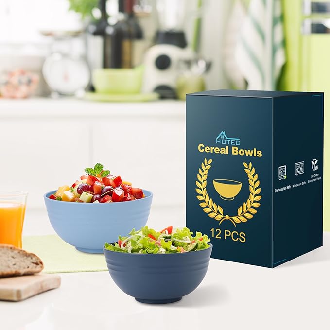 HOTEC 12-PACK BPA Free Unbreakable Plastic Cereal Bowls - Microwave & Dishwasher Safe Soup Salad Camping Bowls, 26OZ, Multicolor