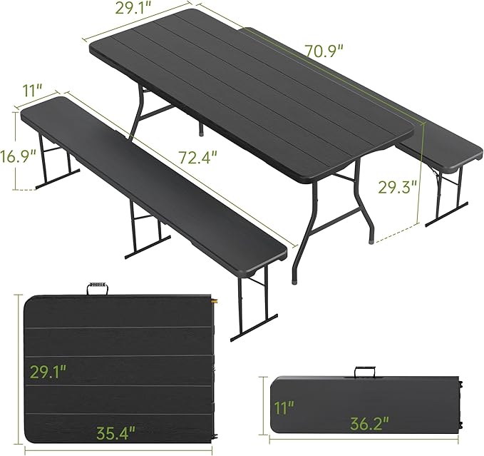 Real Relax 6' Picnic Table with 2 Benches, 3 Piece Black Wood Grain Portable HDPE Folding Camping Table and Benches for Courtyard, Garden, Outdoor Leisure, Party