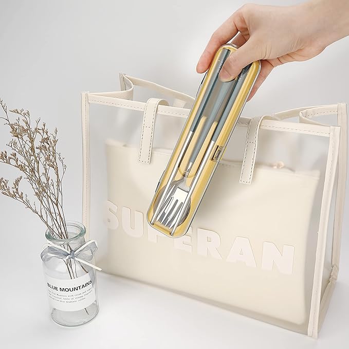 DEVICO Portable Utensils, Travel Reusable Silverware Flatware Set for Lunch, 18/8 Stainless Steel 4-Piece Camping Cutlery Include Fork Spoon Chopsticks with Case (Blue)