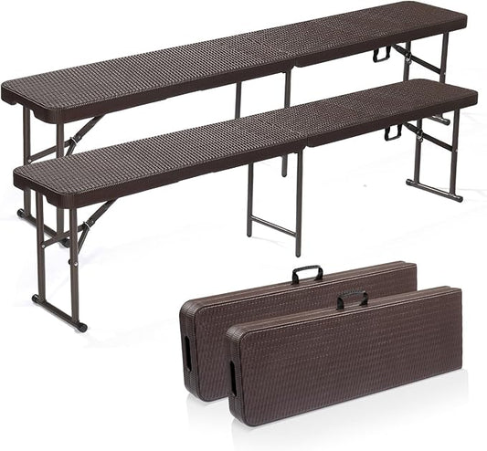 VINGLI 6 feet Plastic Folding Bench,Portable in/Outdoor Picnic Party Camping Dining Seat, Garden Soccer Multipurpose Entertaining Activities, Rattan Patterned HDPE Tabletop, 2 Pack, Brown