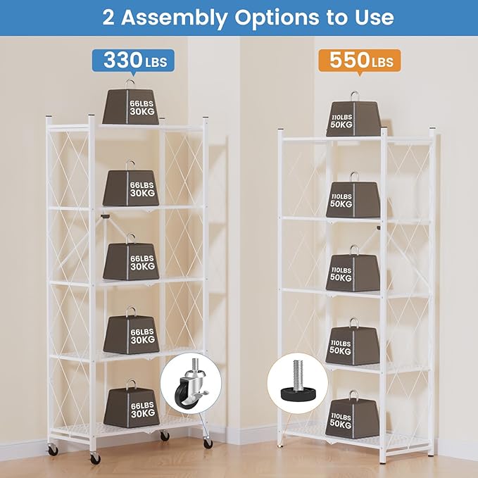 ALANNG 70.7" H Metal Storage Shelves, 5 Tier Folding Shelf on Wheels, Heavy Duty, No Assembly, Rolling, Collapsible Rack Unit for Kitchen, Basement, Pantry (White,1 Pack)