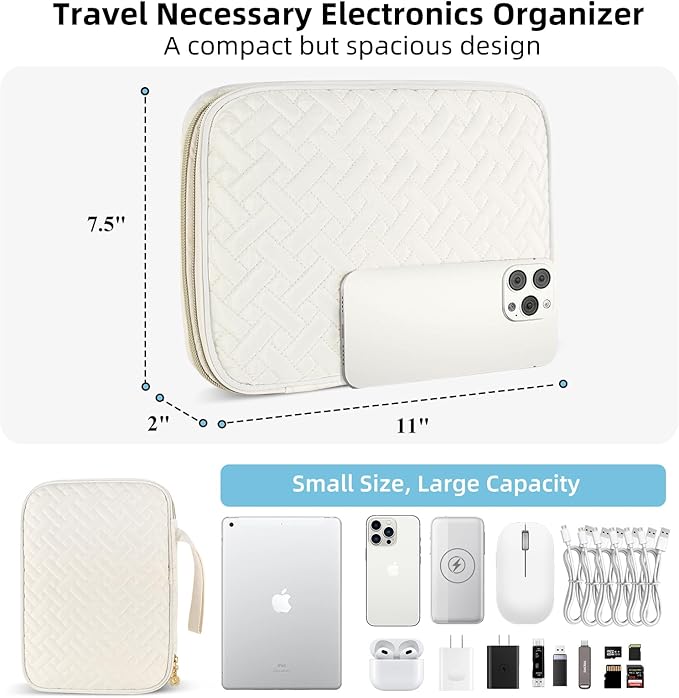 Electronics Organizer Travel Case, Charger Bag Cord Organizer Travel, All-in-One Cable Organizer Bag for Charger, Cords, Phone, Headphones, Flash Drive, SD Card (Beige, Large-Double Layer)