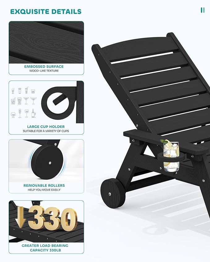 SERWALL Patio Chaise Lounge Chair Set of 6, 5 Positions Adjustable Poly Outdoor Lounge Chair for Pool, HDPE Lounge Chair with Rolling Wheels & Cup Holder for Poolside, Deck, Obsidian Black