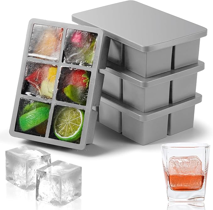 Nax Caki Silicone Large Ice Cube Trays with Lid Pack of 4, Stackable Big Square Ice Cube freezer Molds for Whiskey Cocktails Bourbon Soups Frozen Treats