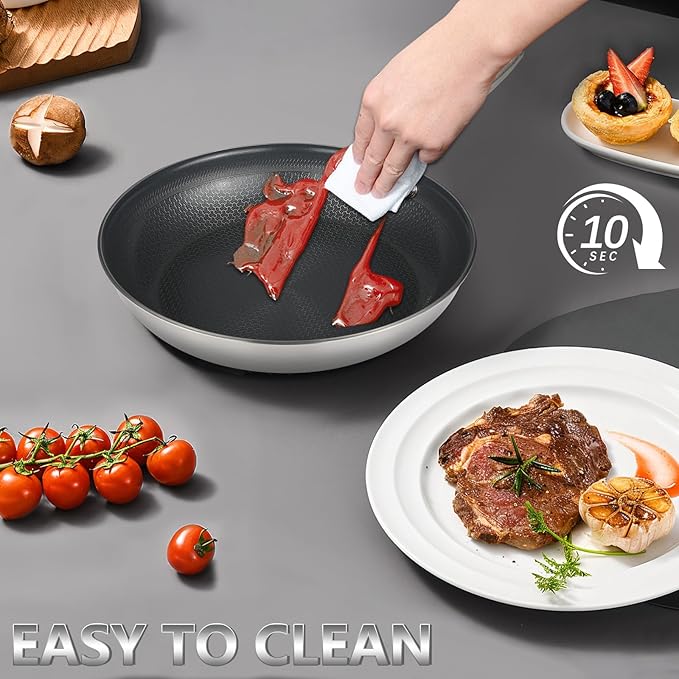Stainless Steel Nonstick Frying Pan, Hybrid Ceramic 8-Inch Frying Pans, Stay-Cool Handle, PFAS & PFOA PTFE Free, Dishwasher & Oven Safe, Scratch-Resistant, Compatible with Induction & All Cooktops