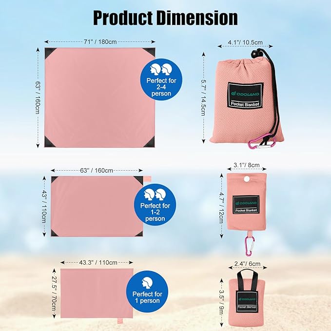 Odoland Pocket Blanket Picnic Blanket, 71" x 63" SandProof Waterproof Outdoor Beach Blanket with Portable Bag, Foldable Lightweight Sand Free Quick Drying Beach Mat for Hiking Camping Travel, Pink